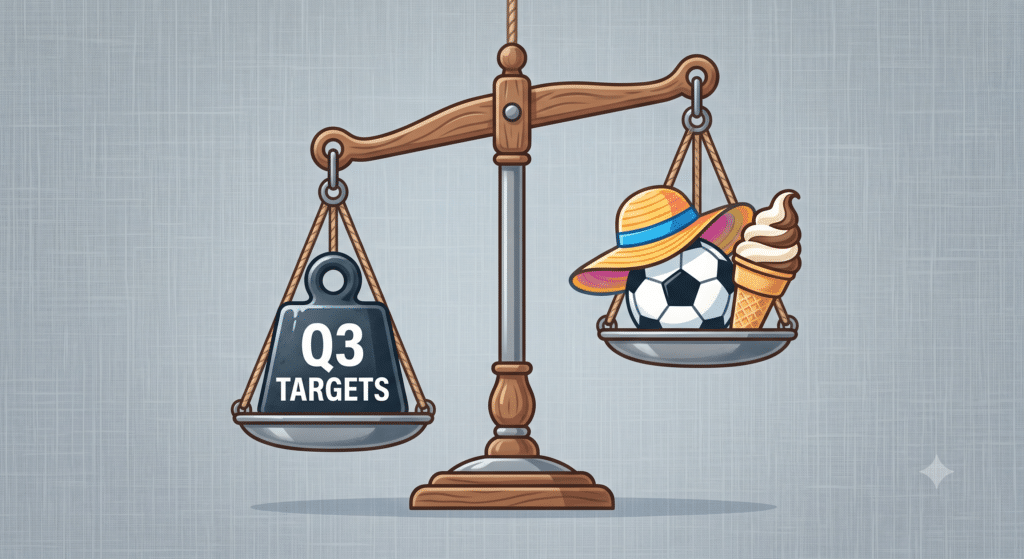 A clean, illustrative graphic design style. A subtle grey-blue linen background. A stylised graphic of an old-fashioned balance scale. One side holds a heavy steel weight labeled "Q3 TARGETS," and the other side holds a collection of summer items (a sun hat, a football, an ice cream cone). The scale is tipped, showing the imbalance. Lit by soft, diffused light to make the graphic feel tactile and modern.