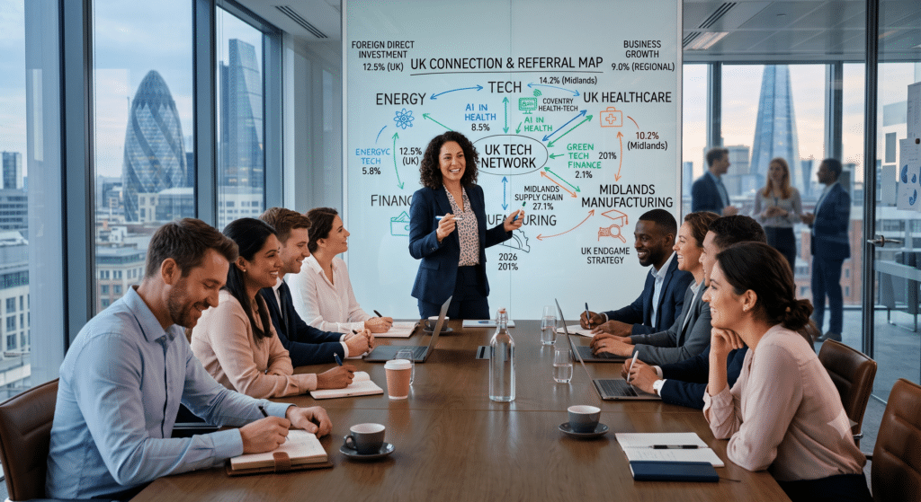 A bright, optimistic photograph of a dynamic boardroom strategy session. A charismatic professional stands at the head of the table, not pitching a product, but enthusiastically drawing a visual "Connection Map" on a glass whiteboard. The map shows how different industries interlink. The professionals seated around the table are leaning in, taking notes, and looking inspired. The atmosphere is educational, supportive, and strategic, illuminated by natural daylight.