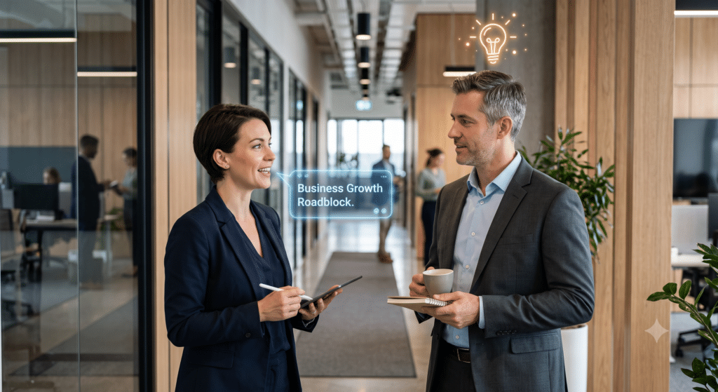 A visually striking, conceptual photograph. Two professionals are having a casual conversation in a modern office hallway. One professional is speaking, and a subtle, glowing holographic "speech bubble" appears next to them containing the words "Business Growth Roadblock." The second professional is listening intently, and a corresponding glowing "lightbulb" icon appears above their head, symbolising the recognition of a referral trigger. High-clarity, professional aesthetic.