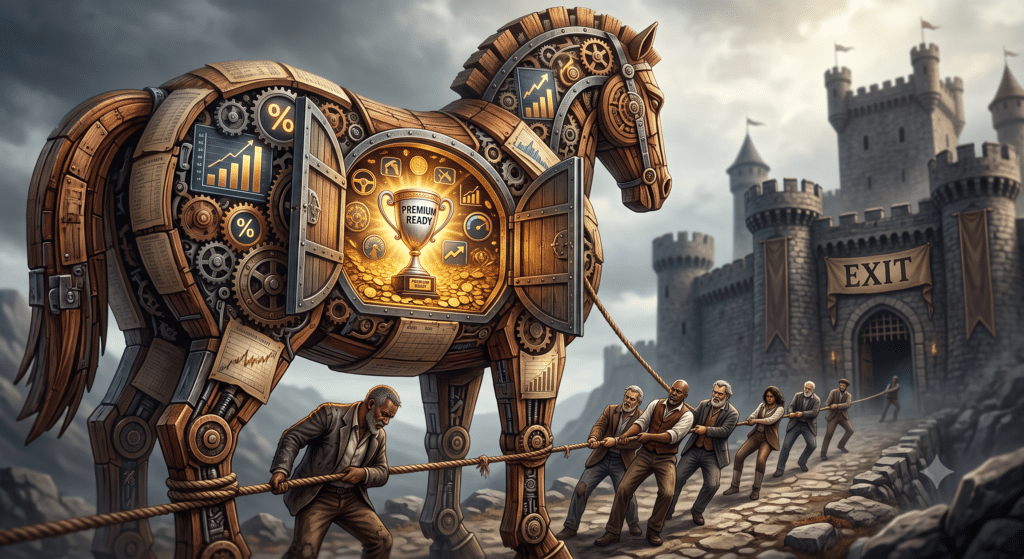 A monumental, stylised wooden horse stands in front of a majestic, fortified castle labeled 'EXIT'. The horse is not solid wood; it is constructed entirely from intricate gears, moving graphs, percentage symbols, and financial ledger pages. Its massive sides have hinged panels opening, revealing a hidden, glistening interior vault overflowing with gold coins, driver scorecard symbols, and a illuminated trophy inscribed 'PREMIUM READY'. Several exhausted, weathered business owners of diverse backgrounds are using thick ropes to pull the massive structure toward the castle. Dramatic lighting from above creates rich, deep textures on both the metal and wood components. Shallow depth of field, focused on the Trojan horse's hidden vault. A distinct, slightly illustrative-realism color palette of burnt sienna, deep bronze, gold, and cold slate grey.