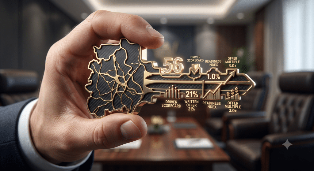 A masterful, multi-material key is being offered forward by a firm, confident, well-manicured hand of an advisor. The key is specifically cut so that its outer profile perfectly matches the outline of the Midlands map of the UK. The key itself is made from a blend of dark, carbon fiber with internal polished brass veinwork, and the distinct bitting pattern (the pattern that opens the lock) is a 3D physical representation of the individual data points that make up a "Value Builder Score 56" (as seen in image_0.png, image_1.png). It is glowing with a faint, internal golden light. Rich, reflective materials, shallow depth of field, focused on the detailed bitting and hand. The background is a gently blurred, high-end, private office environment.