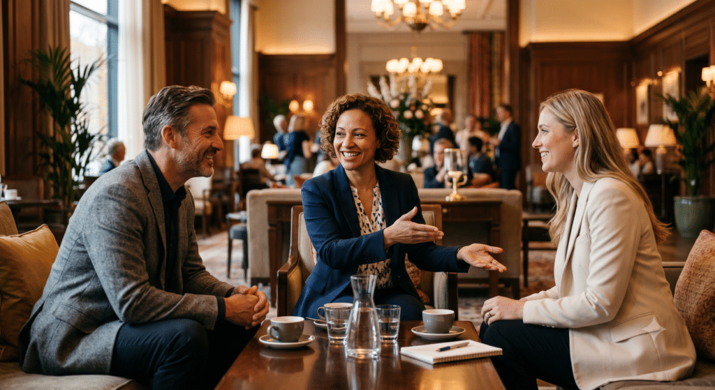 A warm, inviting photograph of three people sitting around a low coffee table in a premium hotel lobby. The professional in the centre (acting as the connector) is smiling warmly, gesturing with an open hand to introduce the two individuals on either side of them. The body language is relaxed, trusting, and collaborative. The lighting is soft and golden, emphasising the transfer of trust and the successful opening of a new business door.