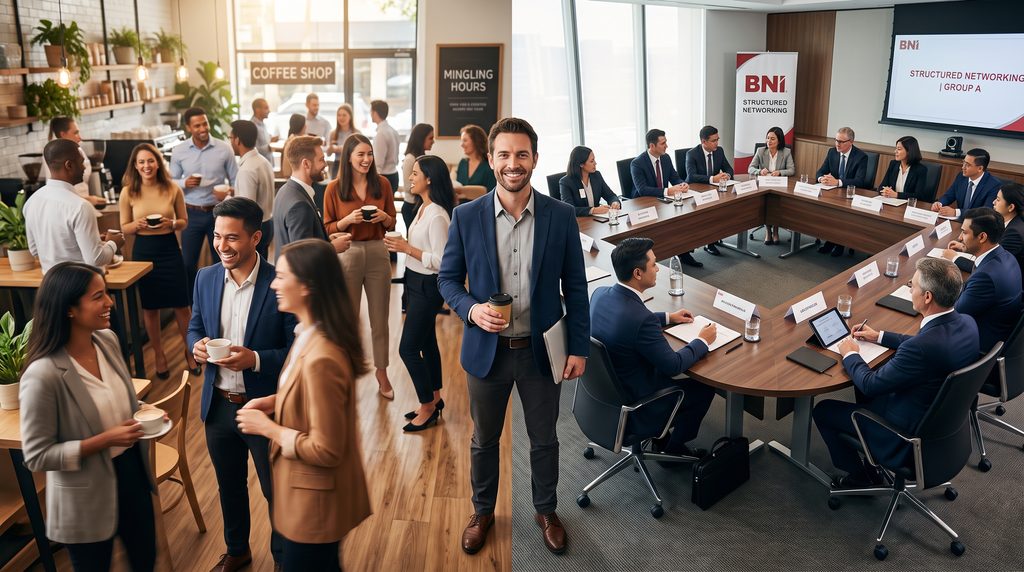 A dramatic, split-screen style 16:9 photograph showing two different networking environments. On the left side, a vibrant, slightly blurred, high-energy coffee shop setting where professionals are mingling freely with coffee cups (representing open networking). On the right side, a sharp, focused, well-lit boardroom with professionals sitting in a structured horseshoe shape, getting ready for a meeting (representing structured networking). A single, charismatic professional stands in the center, bridging the gap, looking approachable and ready to engage.