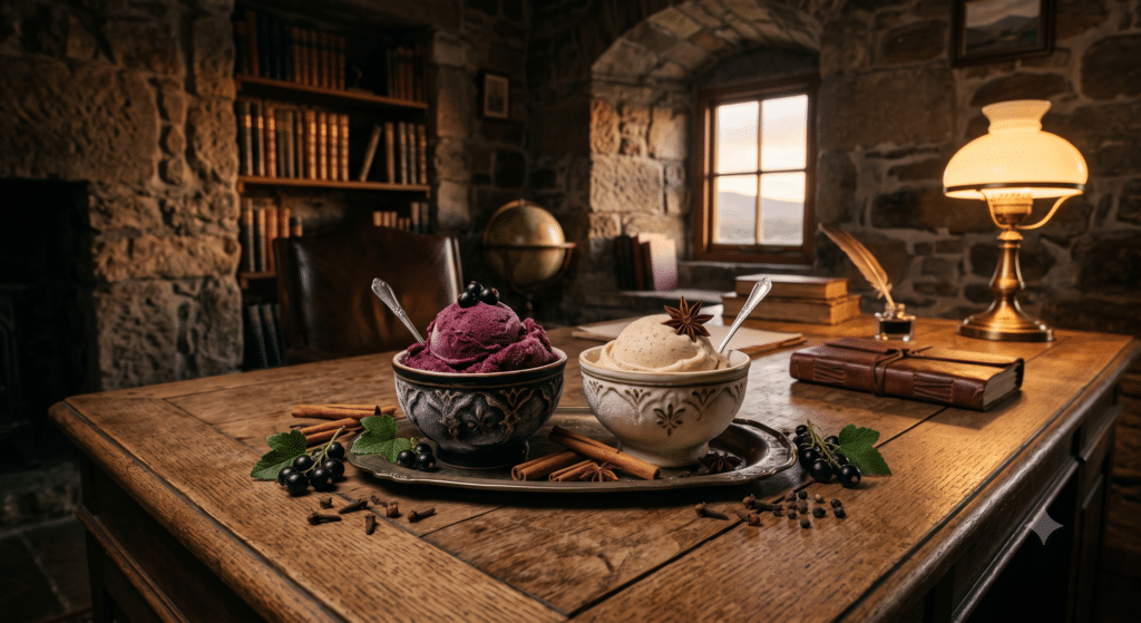 A moody, sophisticated wide shot of a stone-walled office. In the centre of the heavy wooden desk, two ornate bowls sit side-by-side: one holds deep purple blackcurrant sorbet, the other holds creamy chai gelato. Scattered artistically around the bowls on the desk are raw cinnamon sticks, whole cloves, and fresh blackcurrants. The lighting is slightly dim but warm, casting long shadows to emphasize the textures of the spices and the frost on the bowls.