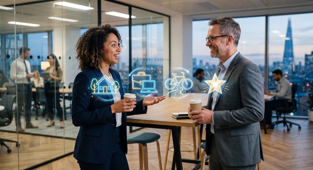 A visually engaging, conceptual photograph. A confident professional is speaking to a colleague in a bright, modern office space. Hovering subtly in the air between them are four glowing, elegant holographic icons representing the F.O.R.M. technique: a small house (Family), a briefcase (Occupation), a bicycle (Recreation), and a shining star (Motivation). The colleague is listening intently, smiling, clearly engaged by the thoughtful questions. Professional, high-tech aesthetic.