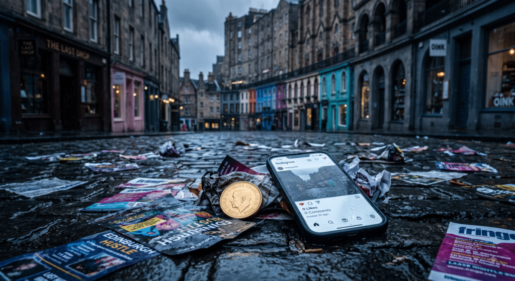 A conceptual still life photograph taken on wet, dark cobblestones reflecting a moody, overcast sky. Scattered across the wet stones of Victoria Street in Edinburgh are hundreds of soggy, ruined business flyers. In the centre, resting on top of the ruined paper, is a single, heavy British gold pound coin and a sleek, modern smartphone displaying a social media page with "0 Likes". The lighting is cinematic and gritty, with a cold blue hue emphasising the harsh reality of wasted effort and budget. High resolution, photorealistic textures.