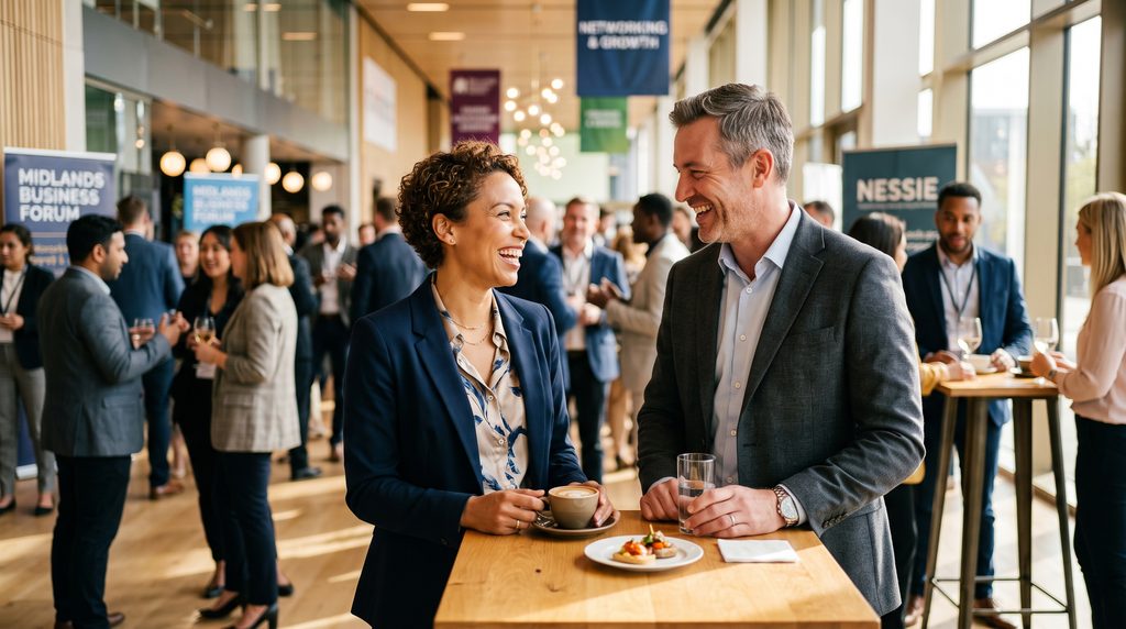 A high-quality, cinematic photograph of two business professionals standing near a tall cocktail table at a daytime networking event. They are not looking at business cards or brochures. Instead, they are laughing genuinely, making strong eye contact, and exhibiting relaxed, open body language. The background is a soft-focus, bustling room filled with diverse professionals. The lighting is warm and optimistic, capturing the exact moment a genuine human connection is made before any business is discussed.