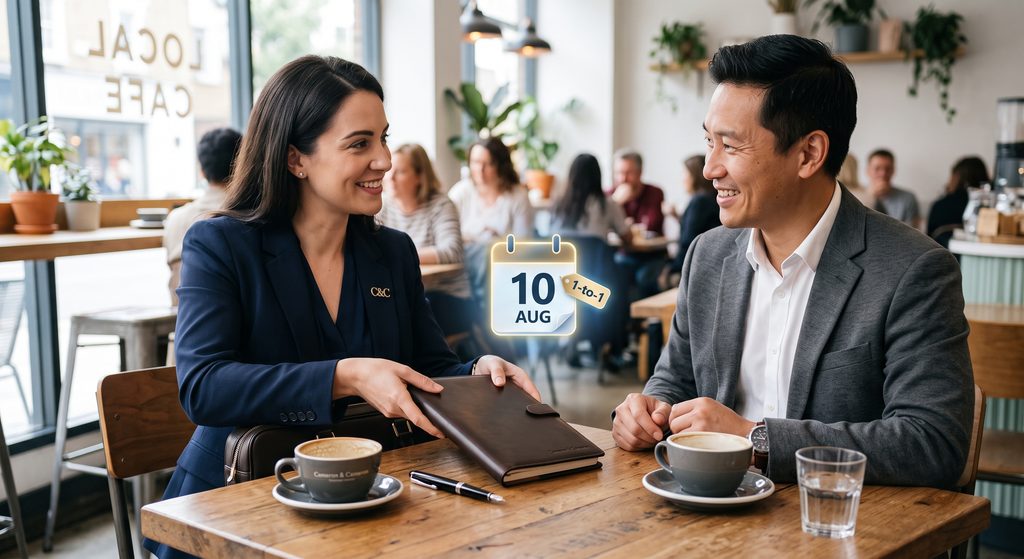 A clean, modern photograph of a professional taking out a sleek leather notebook and a premium pen during a conversation at a café table. The other person in the frame looks pleased and validated. A subtle, glowing digital calendar icon hovers above the notebook, symbolizing the successful transition from casual small talk to a scheduled, strategic 1-to-1 meeting. Bright, forward-looking, and highly professional.