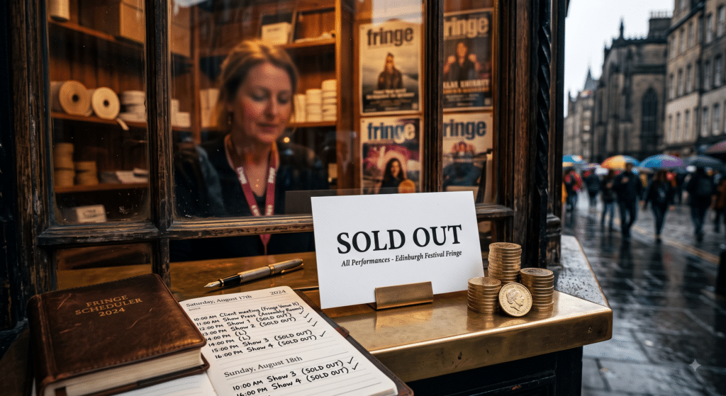A close-up, highly detailed photograph of a traditional vintage theatre box office window modelled on Edinburgh Festival Fringe Box Office (The Royal Mile). Resting on the polished brass counter is a crisp, white card with the words "SOLD OUT" elegantly printed in bold black ink. Next to the sign sits a neat stack of heavy British gold pound coins and a premium leather-bound diary, open to a page showing a fully booked schedule of high-value appointments. The lighting is warm, inviting, and highly professional, contrasting with the cold wetness of the street outside. Cinematic depth of field.