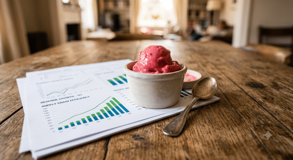 Close-up shot on a rustic oak table. A silver spoon rests next to a small, artisanal tub of bright pink plum gelato. Underneath the tub are printed financial charts and supply chain graphs showing an upward trajectory. Warm, diffused natural lighting highlights the sticky texture of the gelato and the crisp grain of the wooden table.