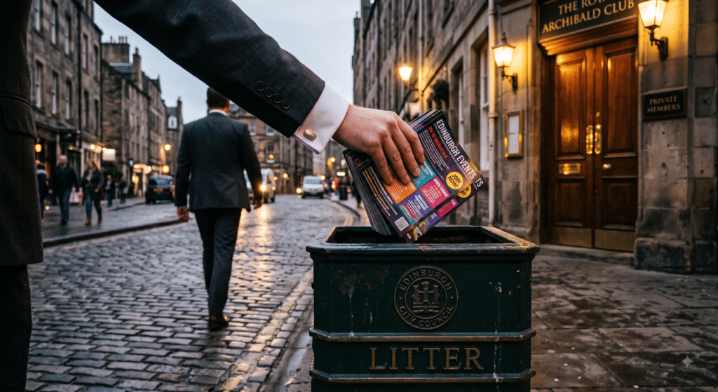 A dramatic, low-angle photograph focusing on a classic, dark green street litter bin on a cobbled Edinburgh street. A professional hand (wearing a sharp business suit cuff) is calmly dropping a thick stack of glossy marketing flyers into the bin. In the softly blurred background, the person is walking away, heading toward a warmly lit, exclusive-looking oak door of a private members club. The lighting emphasises the transition from the chaotic street hustle to targeted, high-level business.