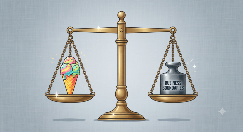 A clean, illustrative graphic design style. A subtle grey-blue linen background. A stylised graphic of an old-fashioned vintage brass balance scale. One side holds a bright, colourful waffle cone filled with ice cream, and the other side holds a heavy steel weight labeled "BUSINESS BOUNDARIES". The scale is perfectly balanced. Lit by soft, diffused light to make the graphic feel tactile, professional, and modern.