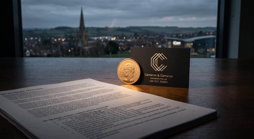 A conceptual still life photograph taken on a dark, polished oak executive desk with Daventry in the background. In the foreground, slightly out of focus, lies a thick, text-heavy business proposal document covered in dense paragraphs. In the sharp, crisp centre of the frame rests a heavy, gleaming British gold coin standing upright, leaning against a sleek, perfectly designed, minimalist matte-black business card. The lighting is dramatic and moody, with a warm, focused spotlight hitting the gold coin on the card, illustrating immediate visual value over dense text. Cinematic, high-resolution, photorealistic.