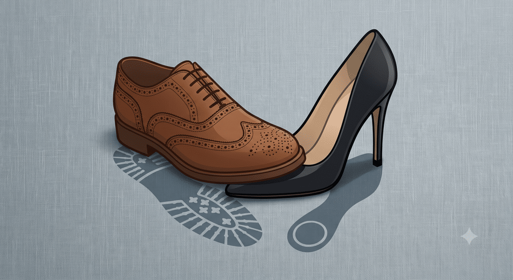 A clean, illustrative graphic design style. A subtle grey-blue linen background. A stylized graphic of two overlapping footprints—one representing a heavy men's brogue (the founder) and one representing a sleek stiletto or dance shoe (the professional hire). The brogue is shown awkwardly stepping on the toe of the dance shoe. Lit by soft, diffused light to make the graphic feel tactile, professional, and visually striking.