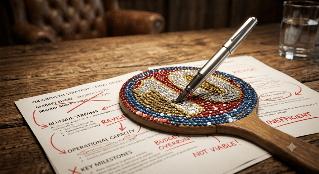 Close-up shot on a rustic oak boardroom table. A sleek, modern silver fountain pen is crossed aggressively over a traditional, sequined scoring paddle showing a '10'. Underneath them are printed Q4 strategy documents covered in red correction ink. Warm, dramatic lighting emphasizing the texture of the wood, the sparkle of the sequins, and the tension of the overlapping items.