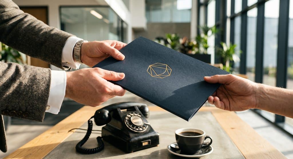A highly detailed, shallow depth of field photograph of a person's hands handing over a business document. The hands belong to a professional wearing a crisp white shirt and a subtle, high-quality tweed suit cuff. They are handing over a thick, luxurious, matte-textured presentation folder with a simple, elegant geometric logo embossed in gold foil. Resting on the desk below is a heavy, classic rotary telephone and a cup of black coffee. The lighting is strong, confident, and warm, highlighting the tactile, premium nature of the physical branding.