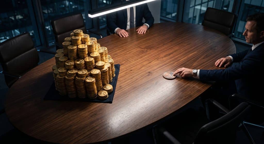 A dramatic top-down view of a sleek modern boardroom table. On one side, a massive, towering stack of heavy gold coins; on the other side, a buyer sliding a single, tiny, dull coin across the polished wood. High contrast, professional business aesthetic, shallow depth of field, dramatic shadows.