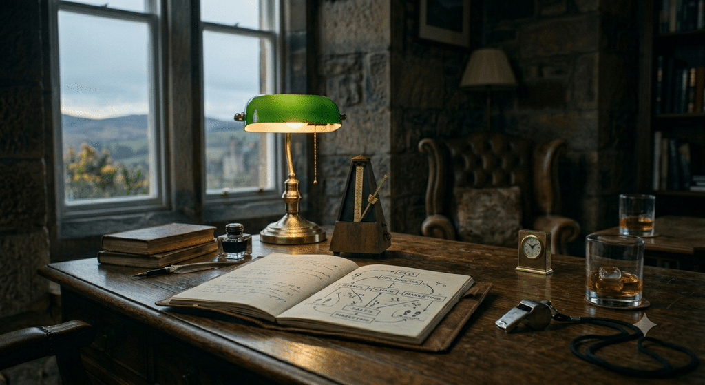 A wide, moody shot of the stone-walled Scottish office. In the centre of the heavy wooden desk, a vintage brass metronome is ticking, catching the soft light from a classic green banker's lamp. Next to it, an open, leather-bound notebook displays a hand-drawn organizational chart, but the lines look like the footwork diagrams of a dance routine. The atmosphere feels quiet but tense, symbolizing strategic planning and timing.