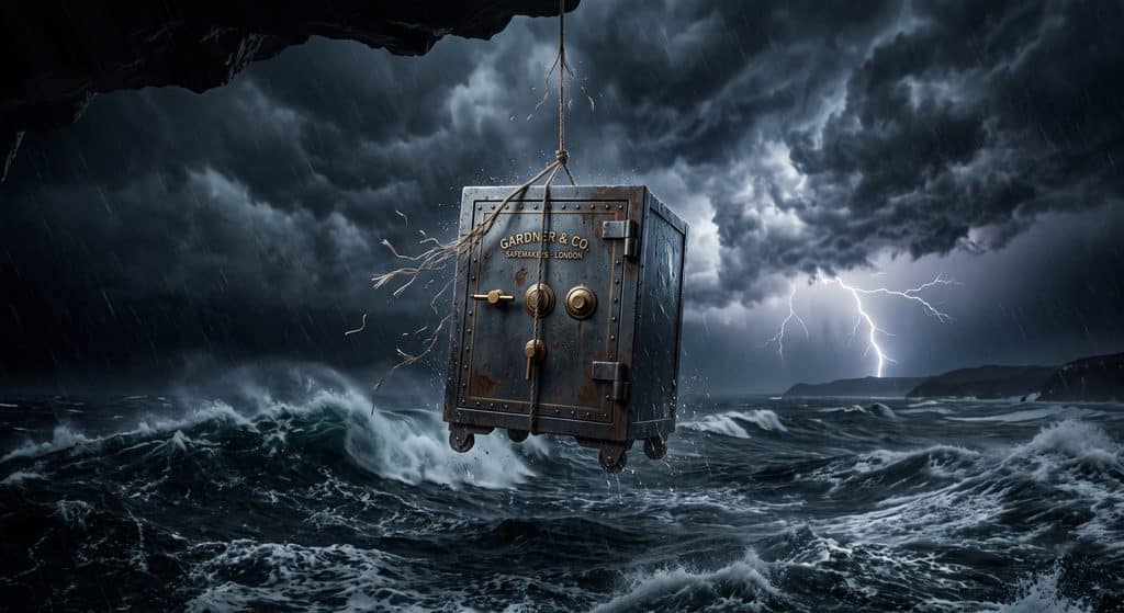 A heavy, solid steel business safe hanging over a dark, stormy ocean by a single, thin, violently fraying thread. Visualising dangerous concentration risk. Moody, intense lighting, hyper-realistic, highly detailed.