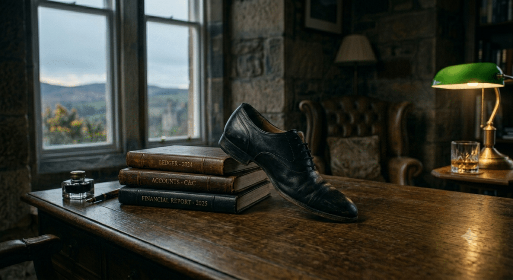 Cinematic shot, shallow depth of field. A heavy, dark mahogany desk inside a Scottish executive office with rough stone walls and dim, moody lighting. On the desk, resting against a stack of thick, leather-bound financial ledgers, is a single, worn, black leather men's ballroom dancing shoe. A crystal glass of neat whisky sits in the background, illuminated by a warm desk lamp. High texture, professional, corporate yet metaphorical.