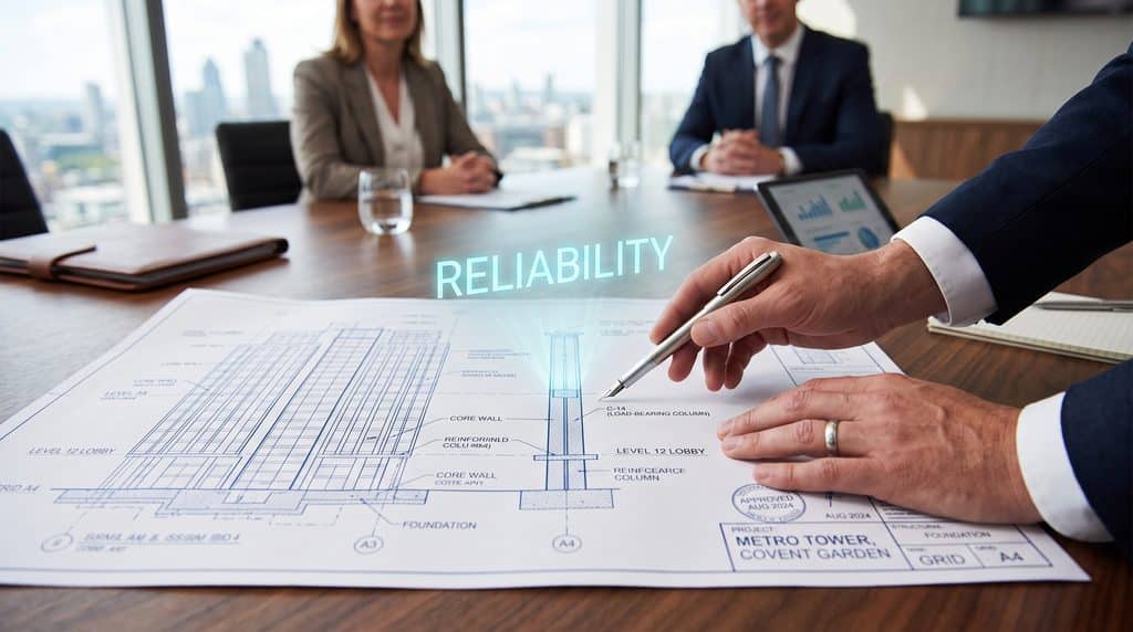 A clean, highly professional photograph of an intricate architectural blueprint for a modern commercial building laid out on an executive boardroom table. A pair of hands is pointing to a specific, load-bearing pillar on the schematic with a premium silver pen. Hovering slightly above the pillar is a subtle, glowing holographic word: "RELIABILITY." The lighting is bright, forward-looking, and optimistic, emphasising that trust is the structural foundation of any scalable business.