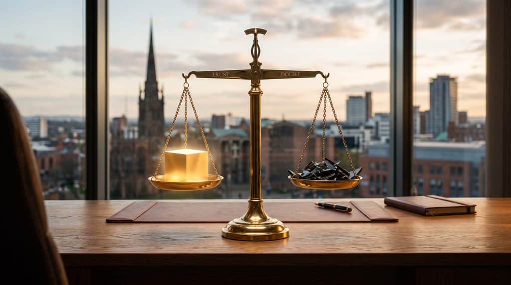 A high-end, conceptual photograph. A vintage, polished brass balancing scale sits on a heavy oak executive desk. On one side of the scale is a glowing, solid gold geometric cube representing "Trust." On the other side is a pile of fragmented, dark, jagged glass pieces representing "Doubt." The scale is perfectly balanced, illustrating how easily professional equity can tip. The background features an out-of-focus, modern Coventry skyline through a large office window. Cinematic lighting.
