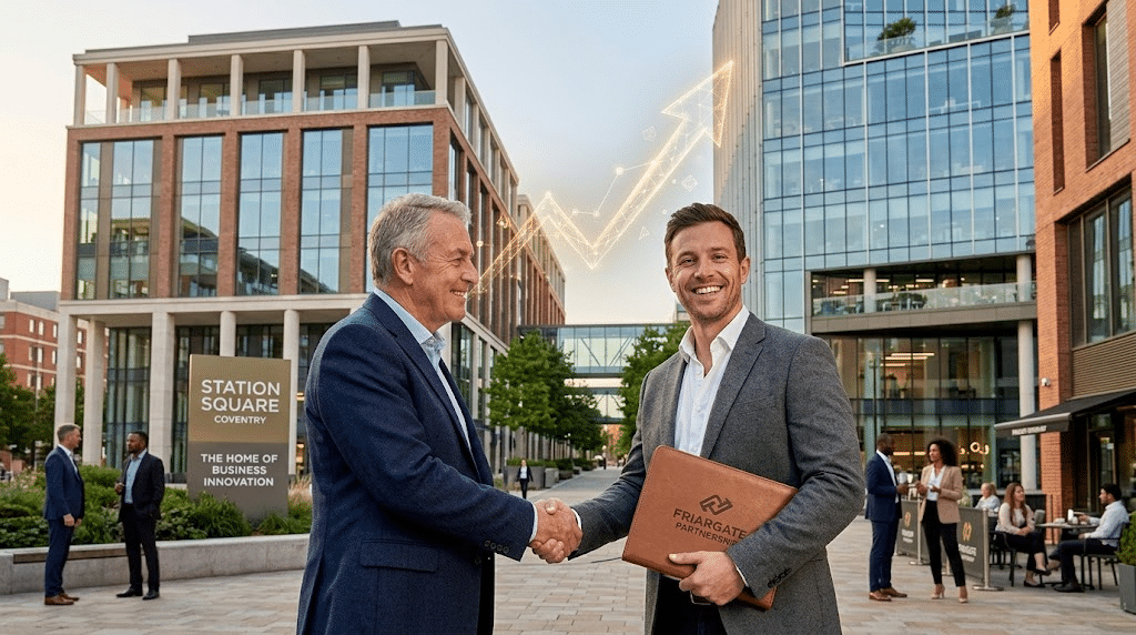 A warm, inviting photograph of a successful business handover. A seasoned entrepreneur is standing with a younger business owner in front of a massive, modern glass office building in Coventry (Station Square district). They are shaking hands, both smiling with deep mutual respect. A subtle, glowing digital upward trend line arcs behind them. The image conveys the successful culmination of years of trusted networking, leading to a major endgame exit or partnership.