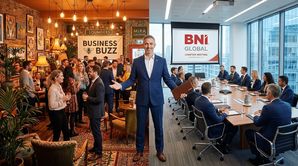 A visually striking, split-environment photograph. In the centr estands a confident, charismatic professional in their late 40s. The left side of the image features the loud, dynamic, open environment of a Business Buzz mixer in a Loungers pub, bathed in warm, amber light. The right side features the crisp, highly structured, exclusive environment of a BNI boardroom meeting, bathed in sharp, cool daylight. The central figure seamlessly holds both environments together, exuding absolute reliability and trust in both spheres.