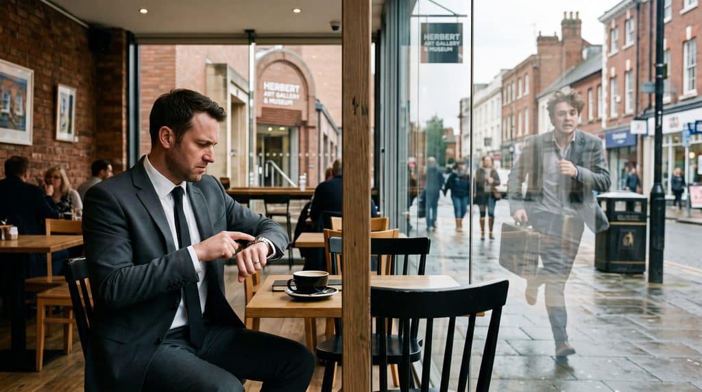 A cinematic, slightly tense photograph set inside Herbert Art Gallery café in Coventry. A professional is sitting at a table looking slightly annoyed, tapping their premium watch. Across the table, an empty chair and a cold cup of coffee sit untouched. In the reflection of the café window, we see the late professional jogging down the street, looking flustered and disheveled. The lighting highlights the empty chair, capturing the exact micro-moment where professional doubt is introduced before a meeting even begins.