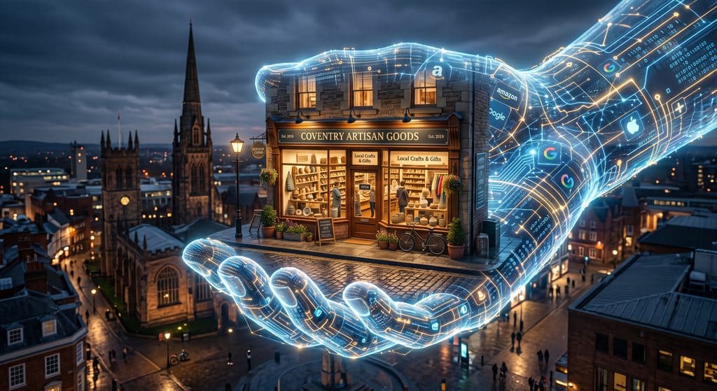 A small, thriving, beautifully lit retail storefront sitting precariously entirely in the palm of a giant, glowing, translucent digital hand. Metaphorical representation of platform dependence.
