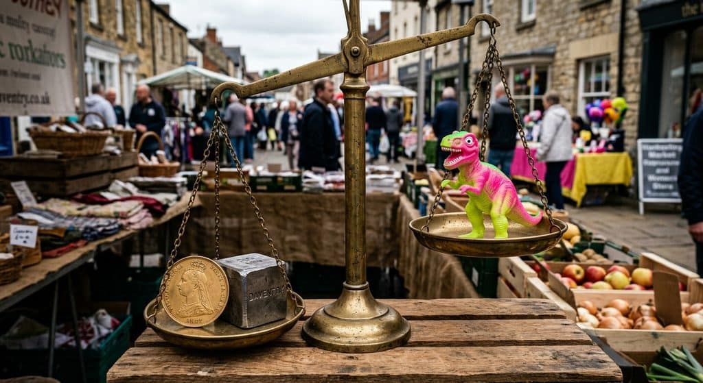 A close-up, highly detailed photograph of a traditional vintage brass weighing scale on a Daventry market stall. On the left scale pan sits a heavy, traditional British gold coin and a solid, square, reliable-looking steel paperweight. On the right scale pan sits a brightly colored, neon-pink and lime-green novelty plastic toy. The scale is tipping awkwardly. The image illustrates the jarring disconnect between serious financial value and inappropriate, confusing visual signals. Bustling local market environment aesthetic, cinematic lighting.