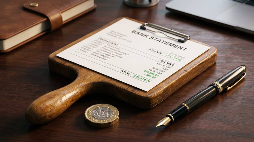 A close-up, highly detailed photograph of a traditional wooden judge's scoring paddle resting on a professional desk. Instead of a painted number, a crisp bank statement showing a highly profitable, positive green balance is clipped to the paddle. Next to it sits a heavy British gold pound coin and a premium fountain pen. The lighting is warm, inviting, and highly professional, emphasising the ultimate business score: cash in the bank. Cinematic depth of field.