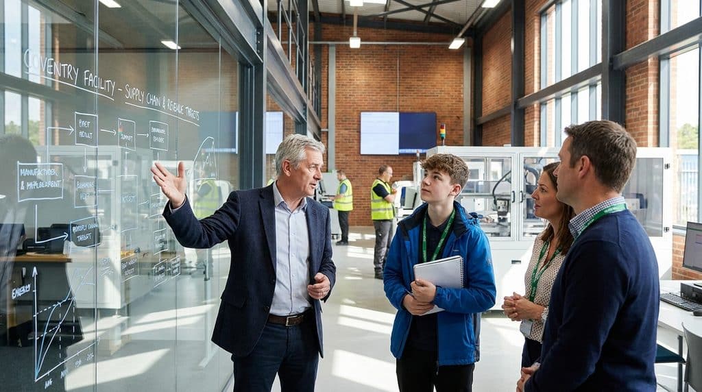 A bright, candid 16:9 photograph inside a modern Midlands manufacturing and tech facility. A charismatic senior executive in a sharp blazer is standing next to a teenager wearing a visitor lanyard. They are not looking at a photocopier; instead, they are standing at a glass strategy wall covered in supply chain diagrams and revenue targets, engaged in a serious, respectful discussion with two department heads. The teenager is holding a notebook, looking engaged and inspired. Natural daylight, authentic corporate photography style.