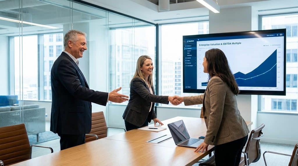 A clean, sharp 16:9 photograph of a modern glass-walled boardroom. On the digital screen in the background is a sleek dashboard showing an "Enterprise Valuation & EBITDA Multiple" chart trending sharply upwards. In the foreground, a seasoned founder is smiling and stepping back slightly, gesturing openly as their Commercial Director shakes hands across the table with an important client. The visual narrative clearly communicates a successful handover of relationship equity and the elimination of founder dependency.