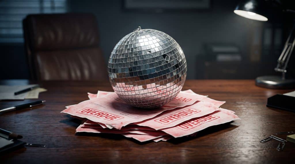 A conceptual still life photograph taken on a dark, polished oak executive desk. In the centre, a cheap, cracked, and slightly dull mirror glitterball is resting precariously on top of a messy, crumpled stack of red "OVERDUE" invoices. The lighting is dramatic and moody, with a harsh, cold spotlight exposing the cheap quality of the glitterball against the harsh reality of the unpaid bills. Cinematic, high-resolution, photorealistic textures.