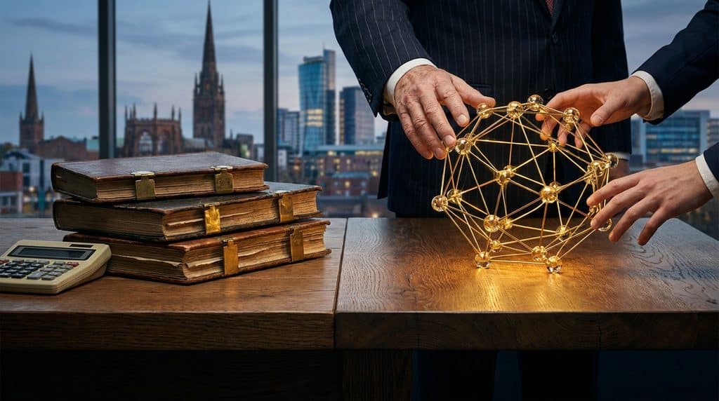 A high-end conceptual 16:9 photograph of a heavy oak boardroom table. On the left side sits a neat stack of traditional bound financial ledgers and a calculator. On the right side sits a glowing, intricate three-dimensional golden web of interconnected nodes representing a commercial network, casting warm light across the wood. Two pairs of hands, one belonging to a seasoned executive in a bespoke suit and the other to a younger apprentice, are reaching toward the golden network. In the soft-focus background, a large window overlooks the modern Coventry skyline. Crisp, authoritative lighting.