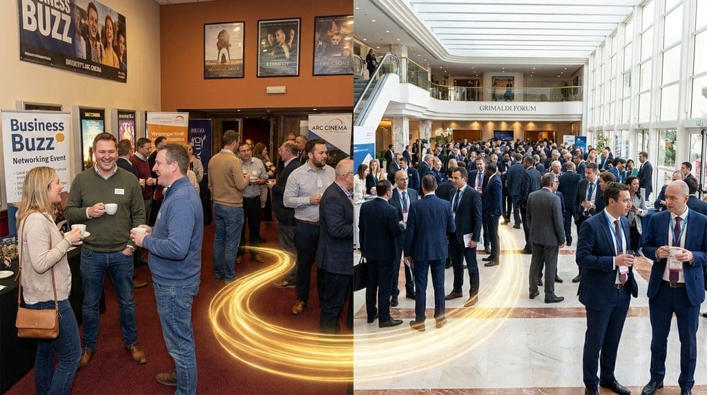 A striking split-environment 16:9 photograph. On the left side is the warm, bustling, informal atmosphere of a Business Buzz networking event in a stylish Midlands town venue, where professionals are mingling over coffee. On the right side is the grand, sunlit atrium of the Grimaldi Forum in Monaco, filled with international delegates in sharp business attire wearing conference lanyards. A glowing golden path seamlessly connects the floor of the local Midlands venue directly into the Monaco convention hall, illustrating that local networking fundamentals scale globally.
