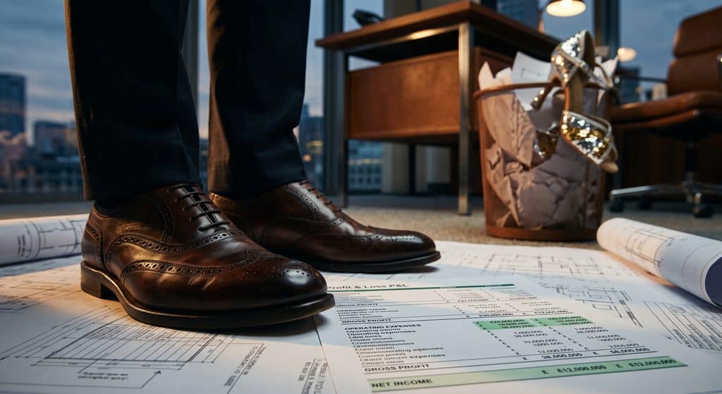 A dramatic, low-angle photograph focusing on a pair of beautifully polished, classic dark brown leather Scottish brogues standing firmly on a set of printed architectural blueprints and a profitable P&L sheet. In the softly blurred background, a pair of sequined, flashy dancing shoes has been casually tossed into a dark corner office waste paper basket. The lighting emphasises the transition from chaotic, flashy trends to solid, reliable, and highly professional business foundations.