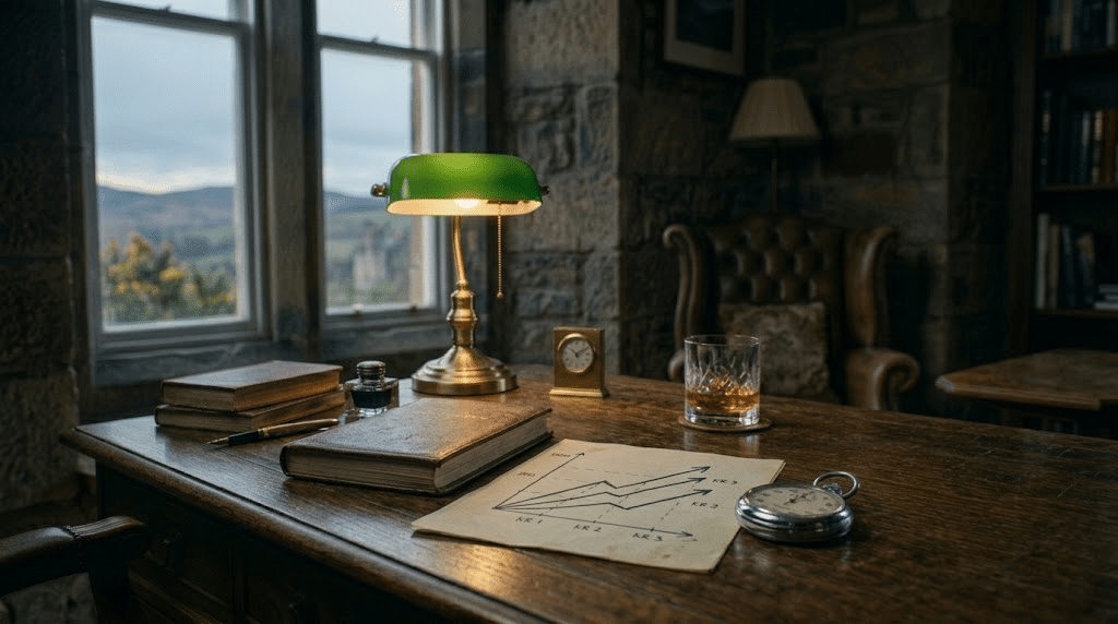 A wide, moody shot of the stone-walled office. On the heavy wooden desk, a classic mechanical stopwatch rests next to a minimalist, hand-drawn chart showing three upward-trending arrows. A crystal glass of neat whisky catches the warm light in the background. The atmosphere is quiet, focused, and deeply strategic, representing the disciplined tracking of Key Results.