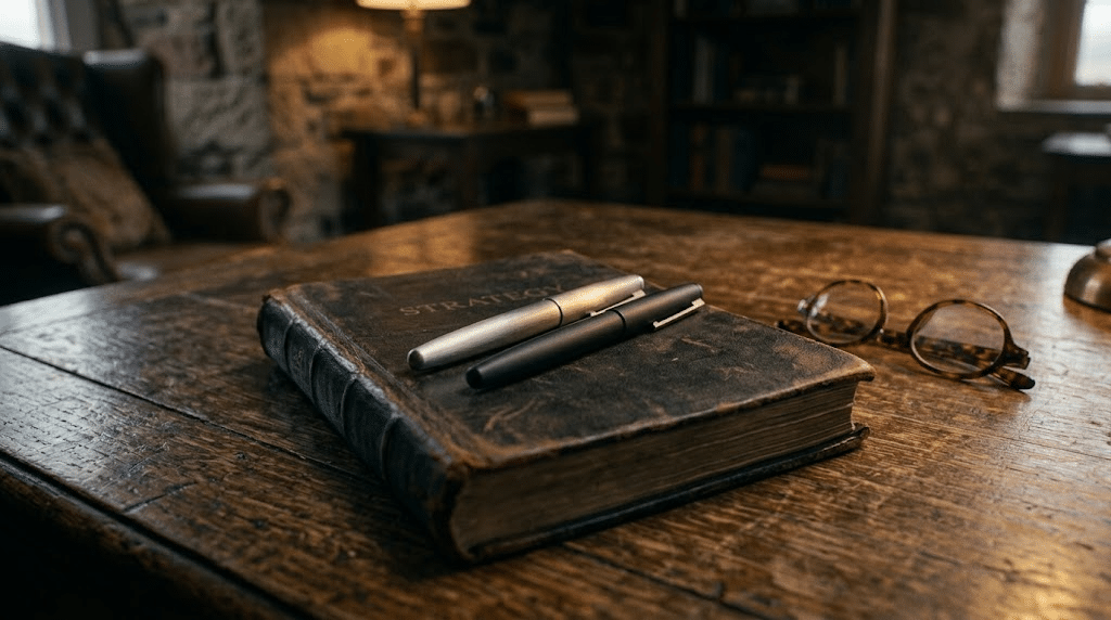 Close-up shot on a rustic oak boardroom table. Two solid, high-end fountain pens—one silver, one matte black—are laid parallel to each other on top of a leather-bound strategic ledger. A pair of reading glasses sits nearby. The lighting is moody and professional, casting long shadows that symbolize alignment and mutual agreement between leadership levels.