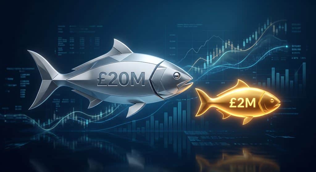 A stylised, high-end 3D rendering of corporate M&A. A large, sleek silver corporate fish (representing a £20M company) elegantly swimming toward a perfectly sized, glowing golden fish (representing a £2M company). The background is a dark, luxurious corporate blue with faint financial charts in the water. High contrast, metallic textures, professional business aesthetic.