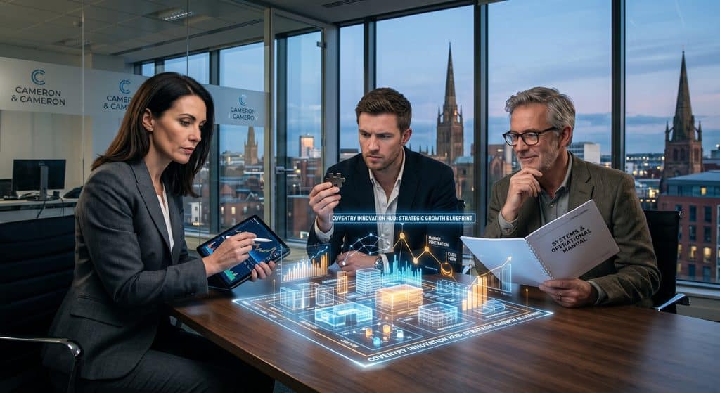 Three distinct business professionals standing over a glowing, holographic blueprint of a business. One is a sharp private equity executive in a tailored suit looking at financial charts; one is a strategic competitor holding a puzzle piece; one is a relaxed, former corporate worker looking at a system manual. Cinematic lighting, modern boardroom setting (Coventry city background), photorealistic, highly detailed faces.