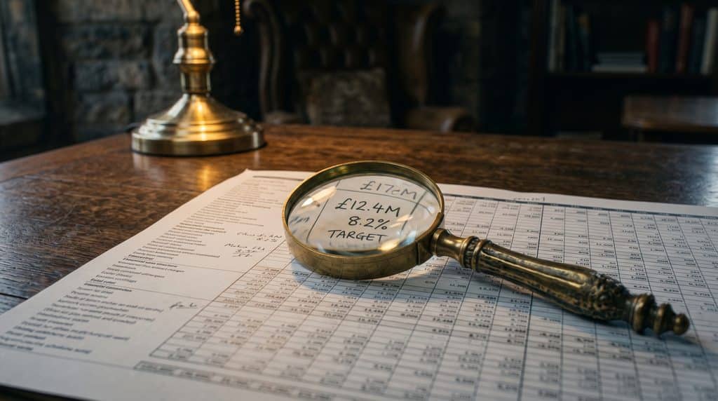 Cinematic shot, shallow depth of field. A heavy dark wooden desk in a traditional Scottish-style executive office with rough stone walls. A vintage brass magnifying glass rests on top of a highly complex, dense printed spreadsheet, pulling only three specific numbers into razor-sharp focus while the rest of the document blurs away. Warm, dramatic desk lamp lighting emphasizes the texture of the wood and the brass.
