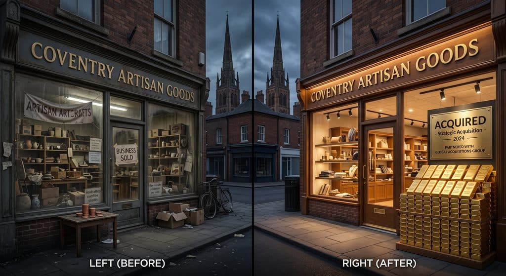 A hyper-realistic, split-screen conceptual image. On the left, a dull, disorganised, cluttered small business Coventry storefront with a tiny, faded "Sold" sign and a small stack of copper coins. On the right, the exact same storefront, but sleek, highly organised, glowing with warm light, featuring a bold "Acquired" sign next to a massive, towering stack of shining gold bars. Professional corporate photography style, 8k, dramatic lighting.